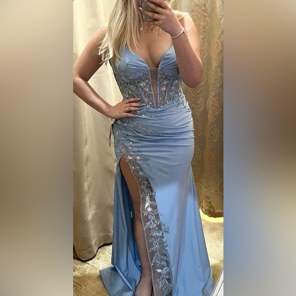 Ladivine Elegant Light Blue Embellished Prom Dress with Sheer Corset & Slit
